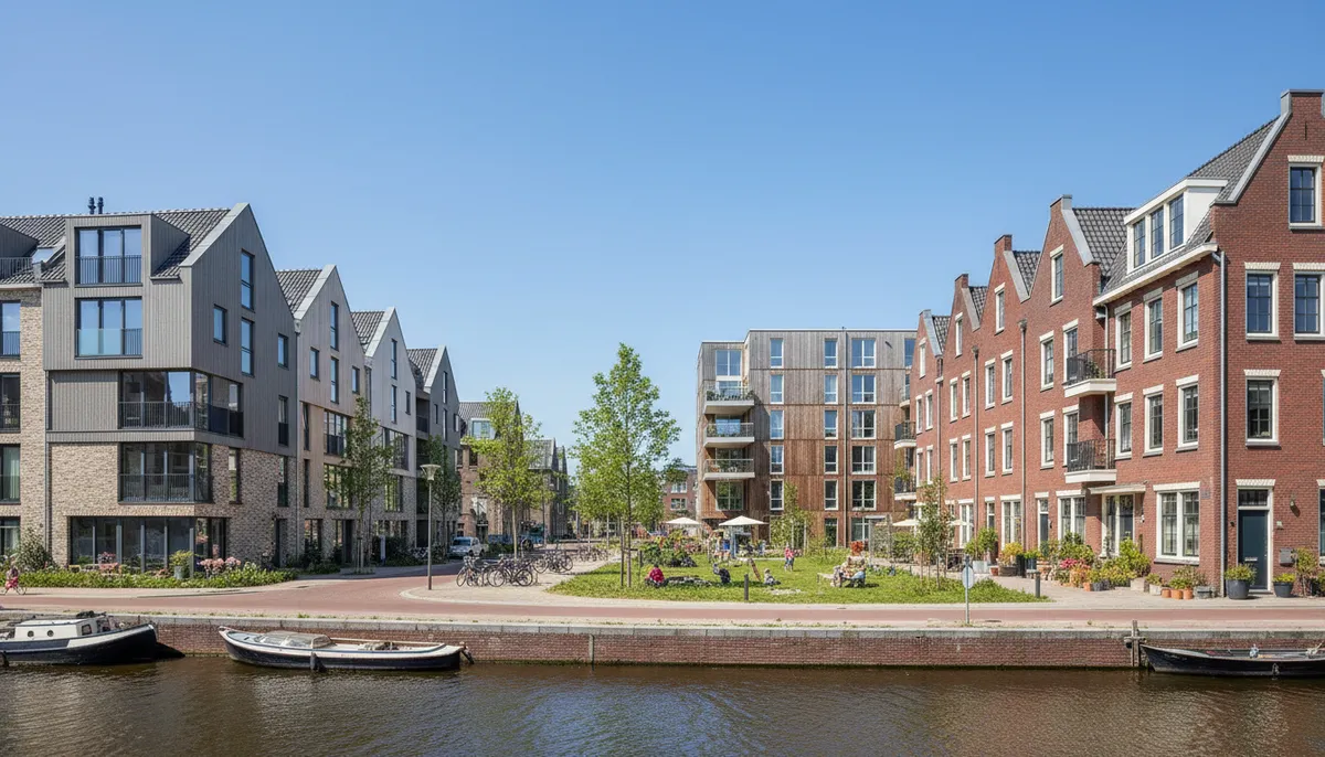 Nederlandse woningmarkt met moderne en traditionele huizen die de diversiteit van de huizenmarkt in Nederland weergeven